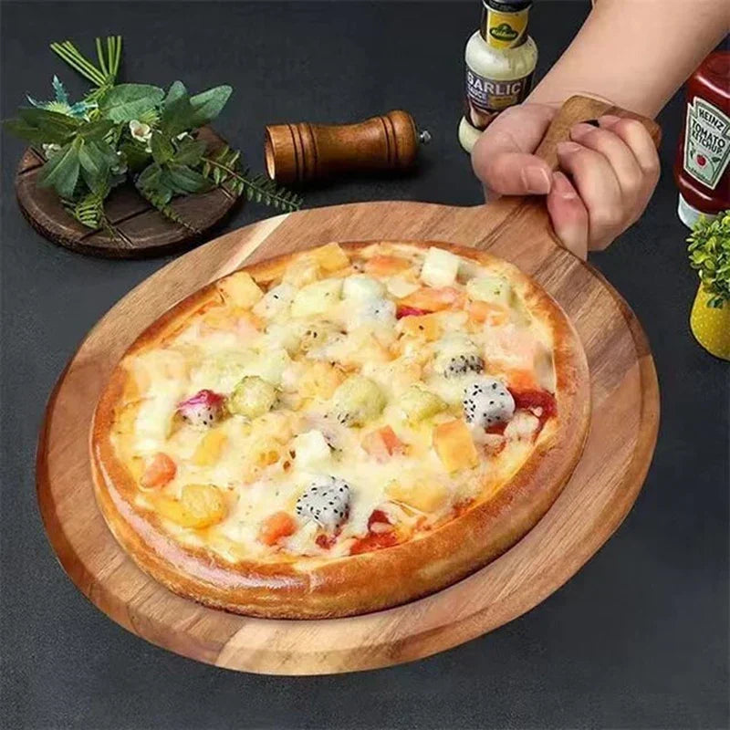 Durable acacia wood pizza peel with handle, for sliding pizzas into oven and serving. Essential kitchen tool.