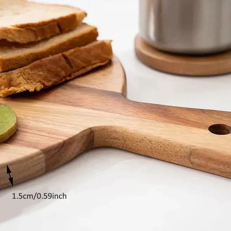 Acacia wood serving board, perfect for entertaining with cheese, bread, or fruit platters. Stylish kitchen addition.
