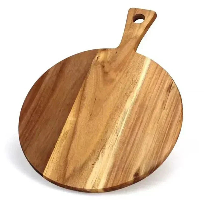Multipurpose acacia wood kitchen board: pizza peel, bread board, fruit platter, charcuterie display.