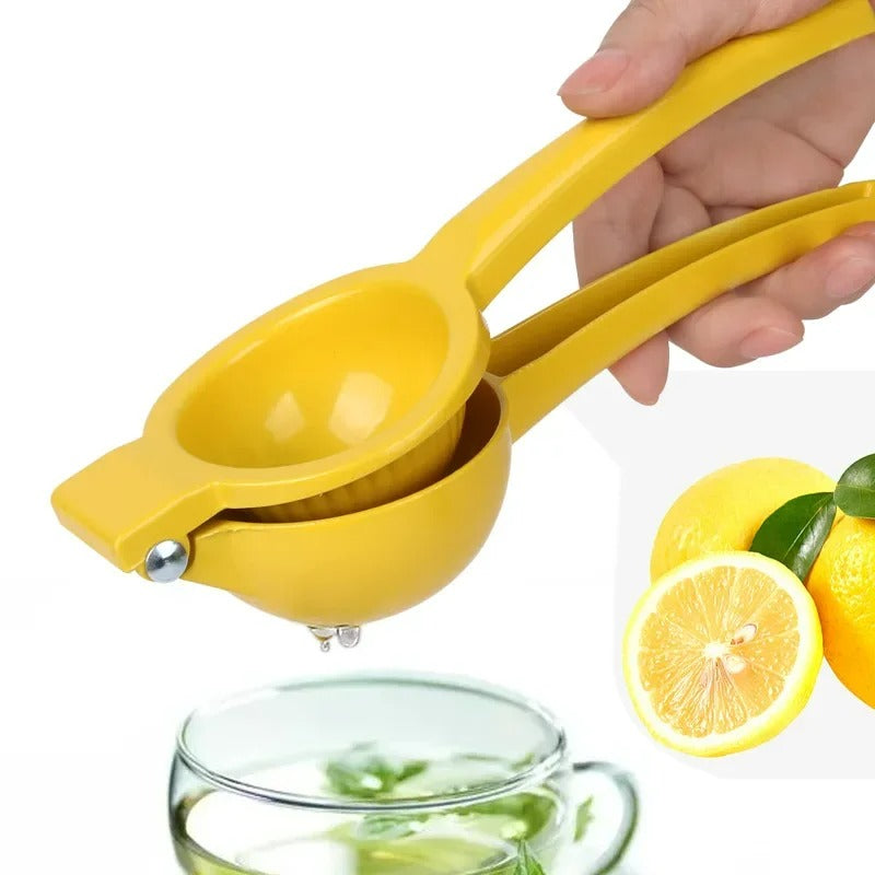 Easy-to-use aluminum hand press fruit juicer, ideal for making fresh citrus drinks.