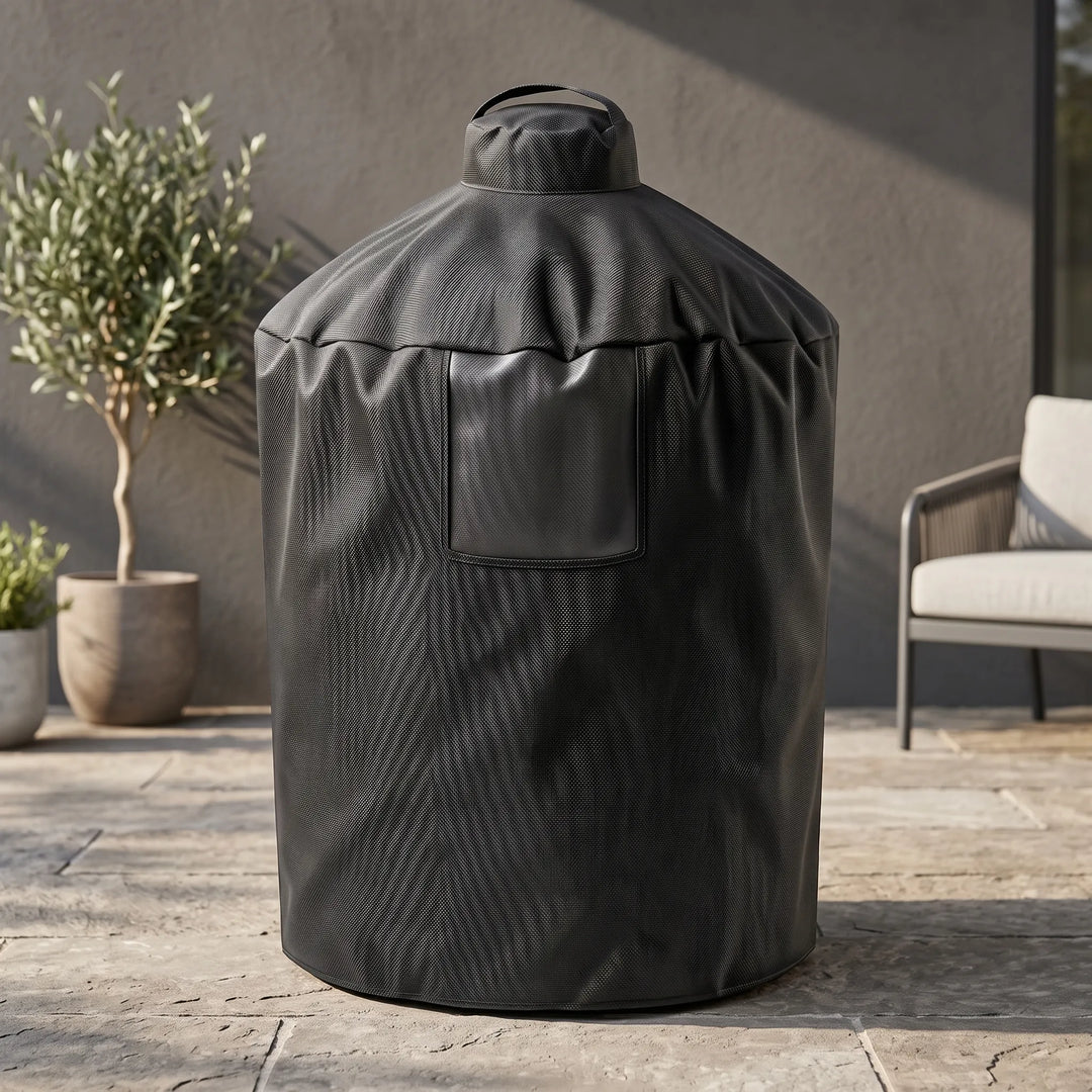 Durable black cylindrical grill cover providing all-weather protection for outdoor BBQ, a patio essential.