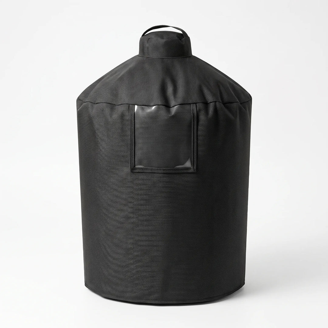 Weather-resistant cylindrical BBQ cover protects outdoor grill from elements, a durable garden accessory.