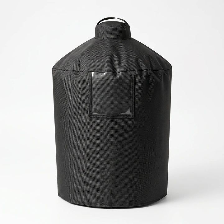 Weather-resistant cylindrical BBQ cover protects outdoor grill from elements, a durable garden accessory.