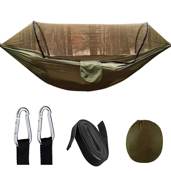 Lightweight travel hammock & bug net for hiking, camping, and portable outdoor relaxation.