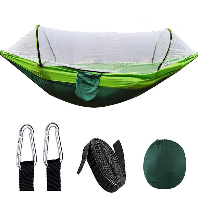 Parachute hammock with durable fabric and full mosquito net for reliable outdoor gear.