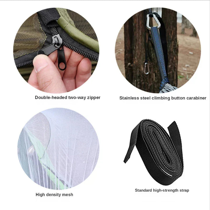 Comfortable outdoor hammock with bug net, perfect for camping, hiking, and peaceful relaxation.