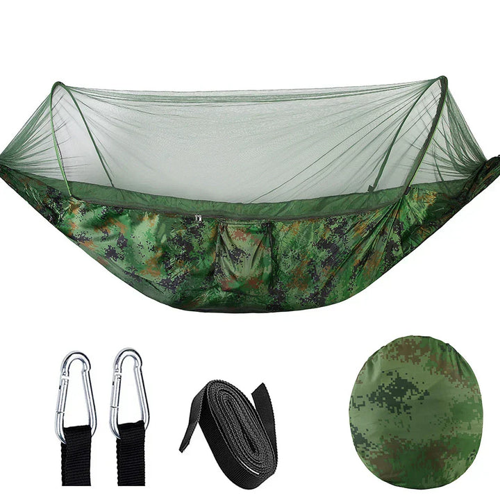 Robust outdoor camping hammock & mosquito net; essential portable gear for bug-free relaxation.