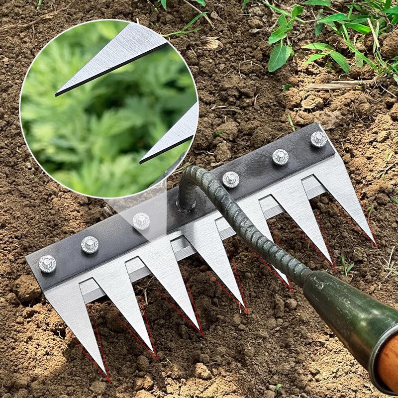 Durable carbon steel garden hand rake for effective lawn care, soil cultivation & weeding.