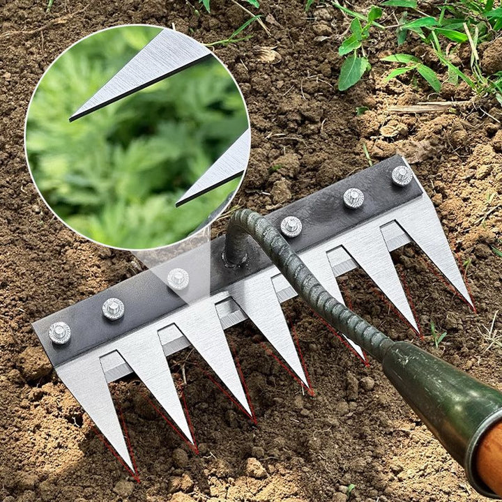 Durable carbon steel garden hand rake for effective lawn care, soil cultivation & weeding.