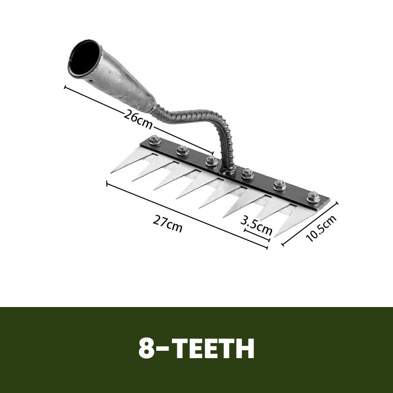 Robust carbon steel hand rake for detailed garden work, soil aeration, and meticulous lawn maintenance.