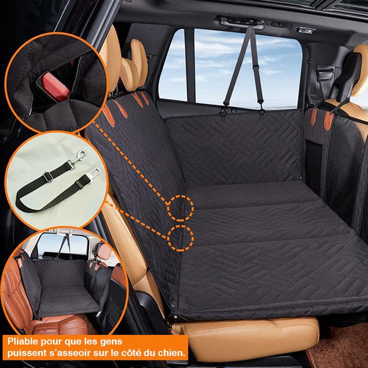 Heavy-duty dog car seat cover protects back seats, floor & car doors from pet fur, mud, and scratches.
