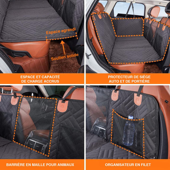 Easy-to-install dog travel car cover with door shields ensures a clean, pet-friendly vehicle interior.