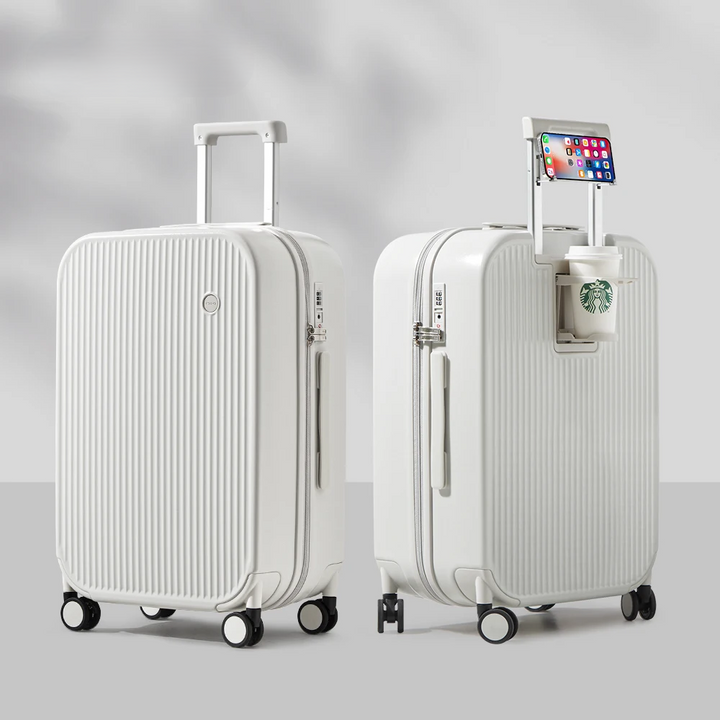 Detail of the strong zipper and secure lock system on a durable hard-shell travel bag for peace of mind.