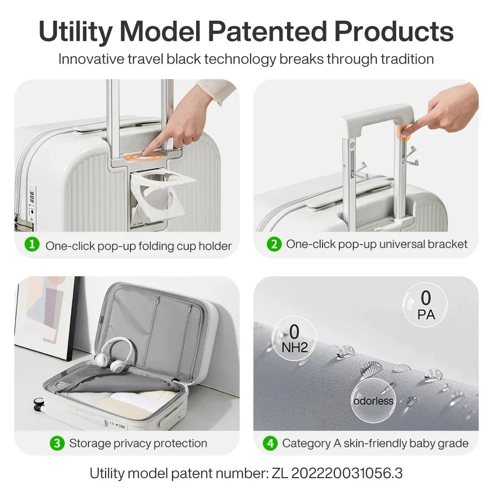 Modern hard-shell luggage with integrated cup/phone holders, designed for convenient and effortless travel.