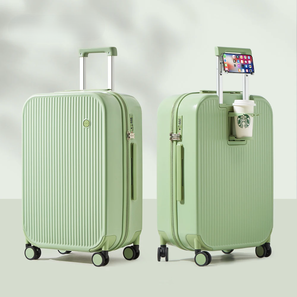 Hard-shell travel suitcase in an airport setting, showcasing its ease of mobility as spinner luggage.