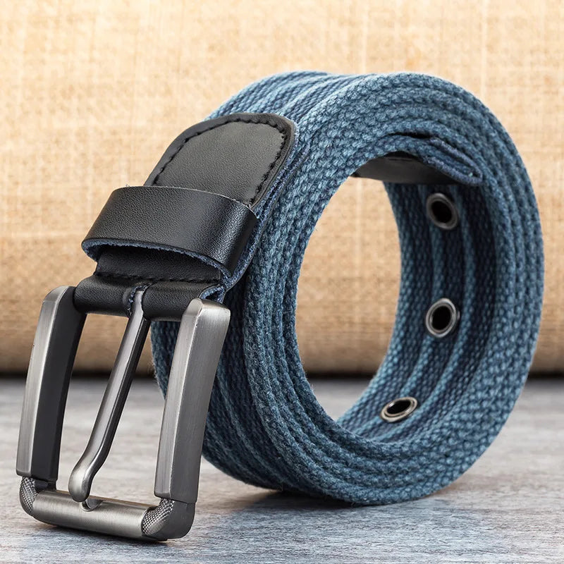 Durable men's woven belt with secure buckle, perfect for everyday casual style. Features sturdy design.