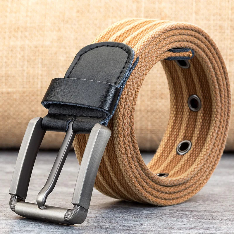 High-quality men's woven belt featuring genuine leather trim & durable construction. Great for daily wear.