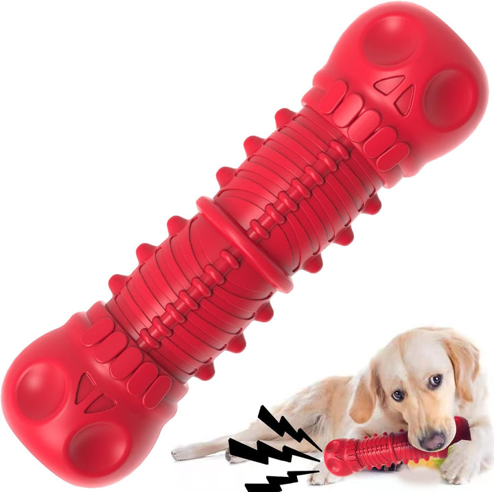 Durable red rubber dog chew toy for aggressive chewers, natural rubber, squeaky, large breed