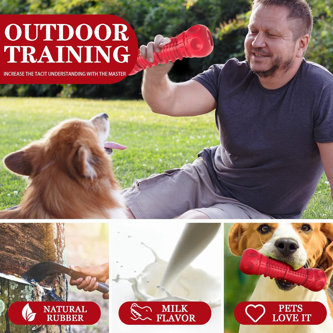 Aggressive chewer rubber dog toy in stimulating red, squeaky for engagement, natural rubber