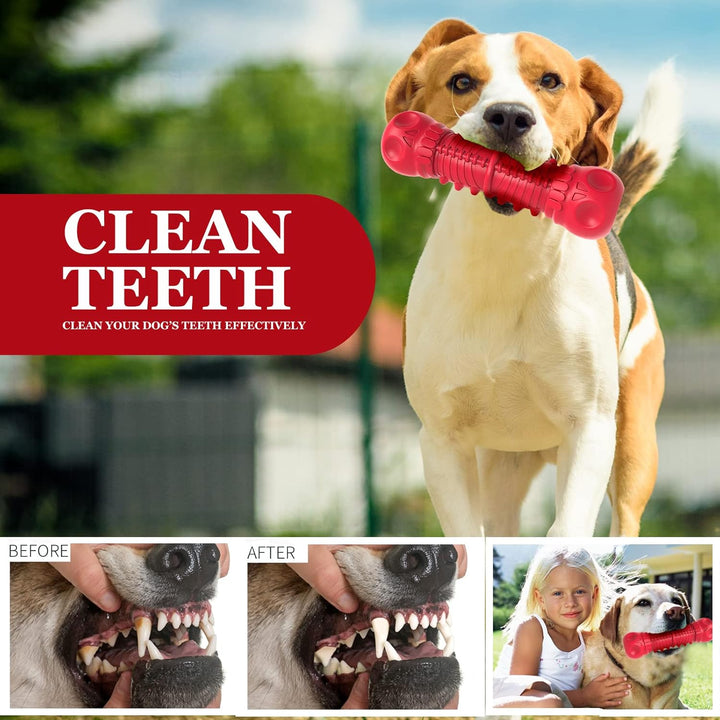Robust red rubber dog toy, ideal for aggressive chewers, promotes healthy teeth and gums, squeaker