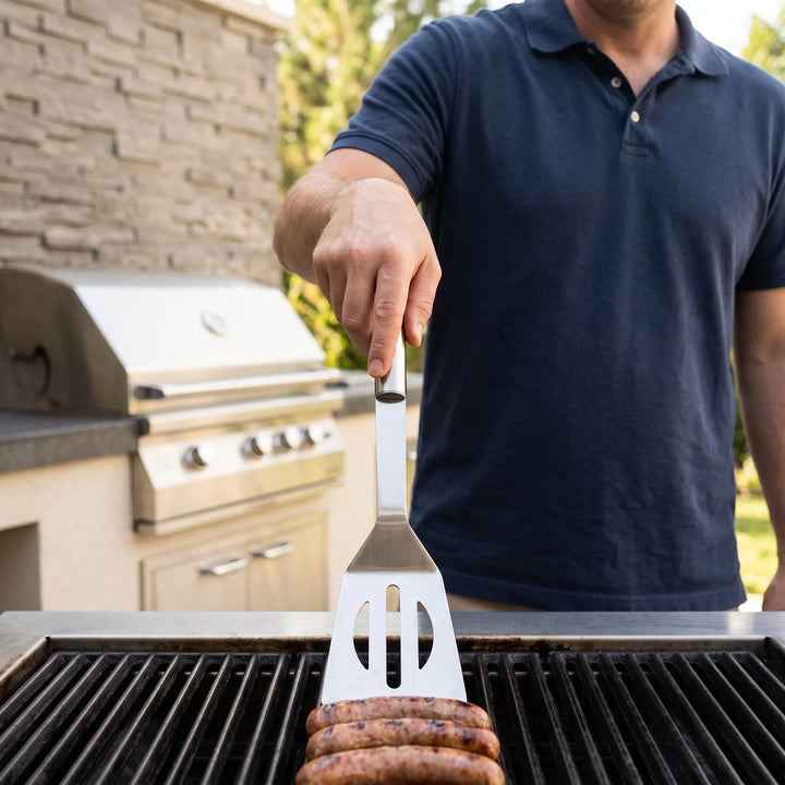 Durable stainless steel BBQ grilling tool set with a portable storage case for outdoor cooking & camping cookouts.