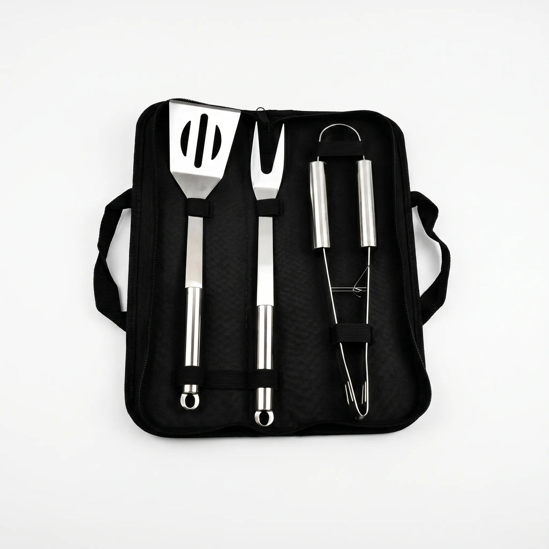 Complete outdoor BBQ grilling utensil set in a protective storage case, ideal for camping, picnics, & backyard cookouts.