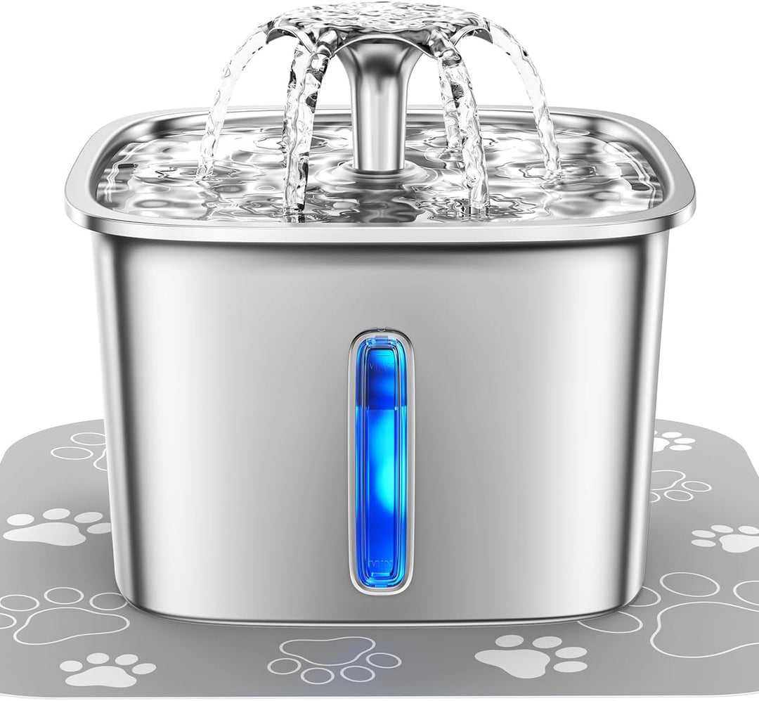 Durable stainless steel cat water fountain with quiet pump, automatic filtration for fresh pet hydration.
