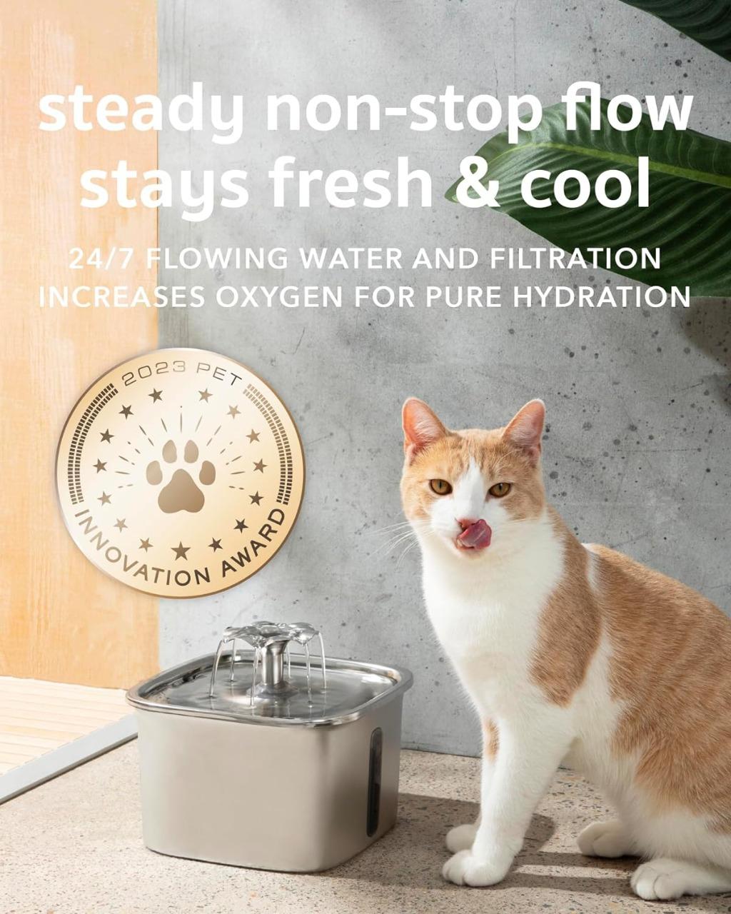 Sleek stainless steel pet fountain for cats, featuring a quiet pump and multi-layer filtration for clean water.