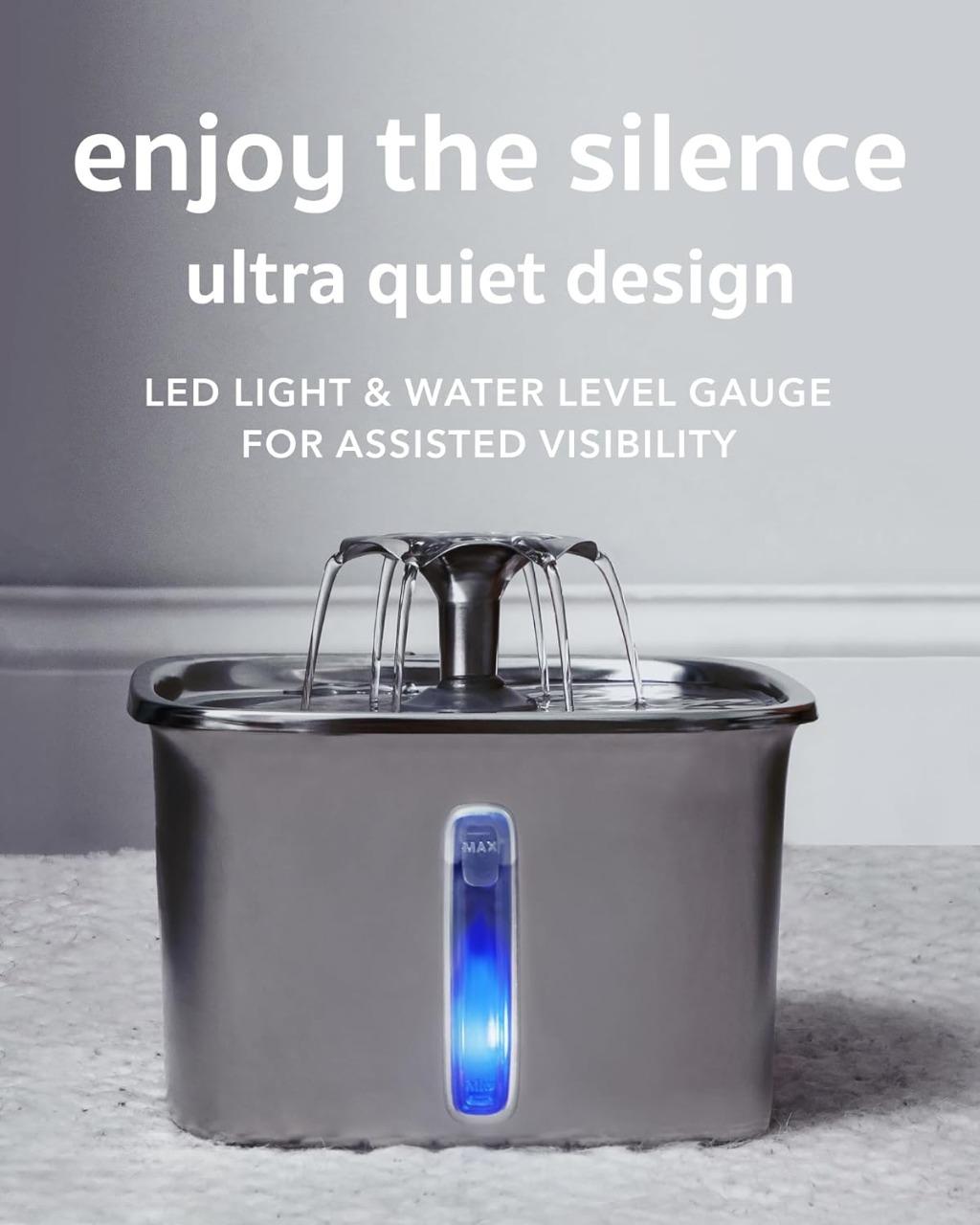 Robust stainless steel cat fountain, automatic pet waterer with filtered system for continuous, fresh cat hydration.