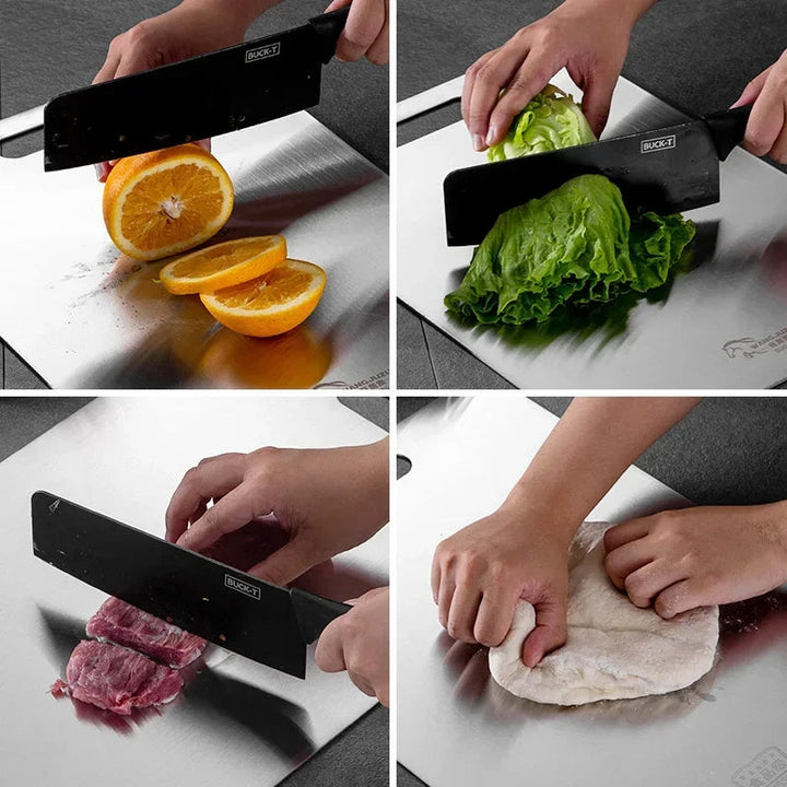 Robust stainless steel kitchen cutting board, designed for long-lasting performance and easy cleaning.