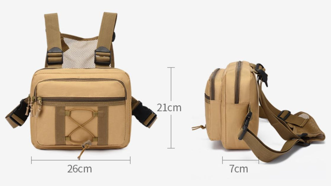 Rugged tactical outdoor gear chest rig. Water-resistant, multi-pocket design perfect for adventure & everyday carry.