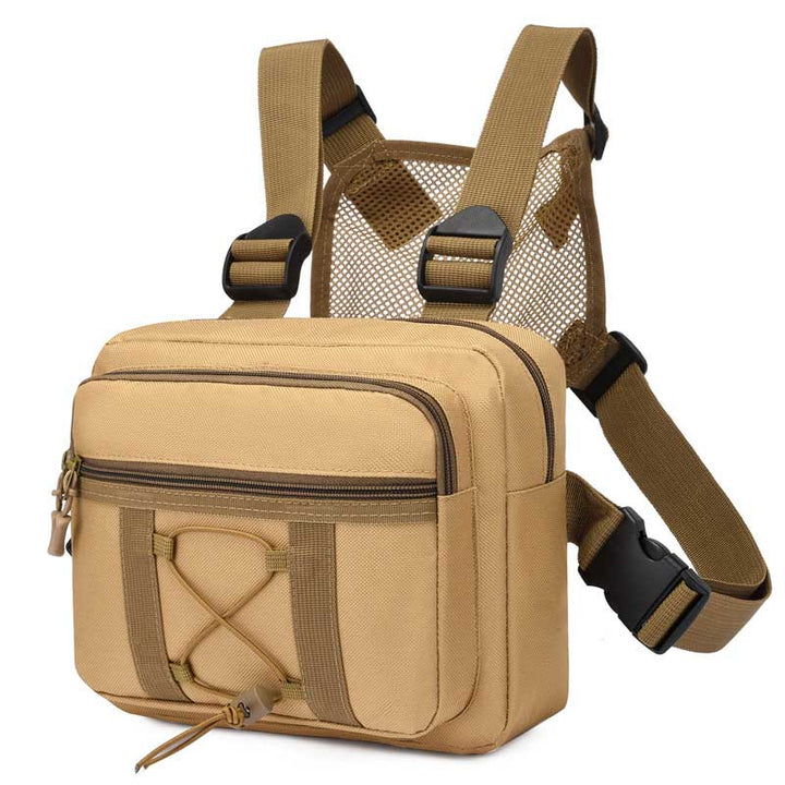 Black durable tactical chest rig bag. Water-resistant fabric, adjustable straps & secure multi-pocket storage.