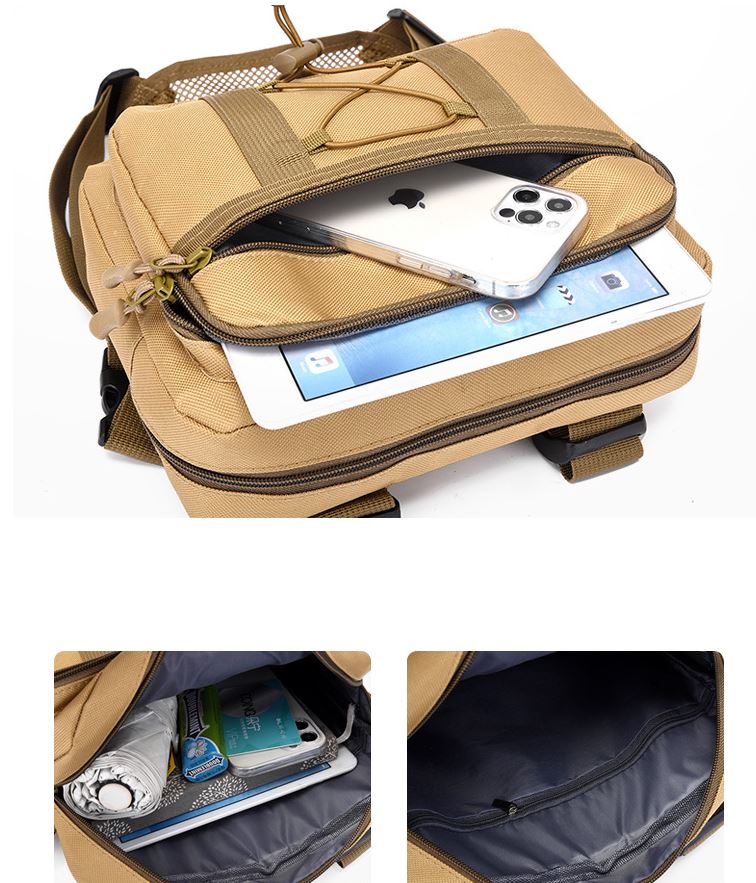 Durable, water-resistant tactical chest rig bag protects gear. Multi-pocket design for outdoor adventures.