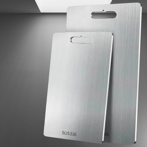 Durable titanium kitchen chopping board for hygienic meal prep. Double-sided cutting surface.