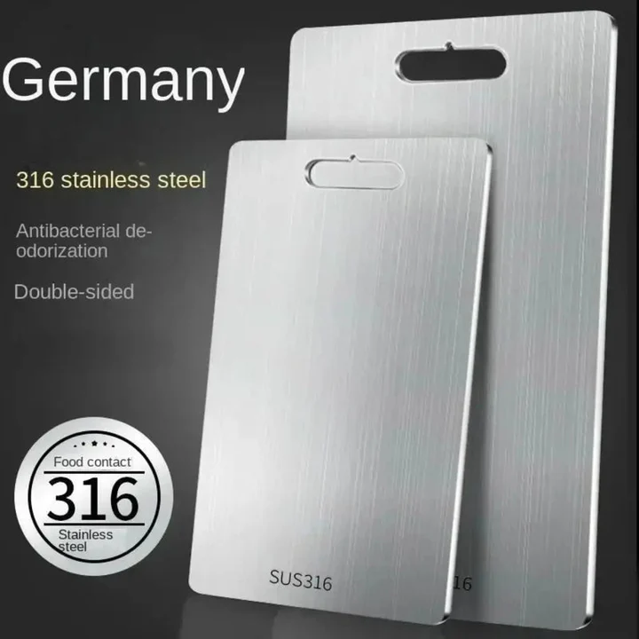 Sleek, double-sided titanium cutting board for efficient and hygienic kitchen meal prep. Easy to clean.