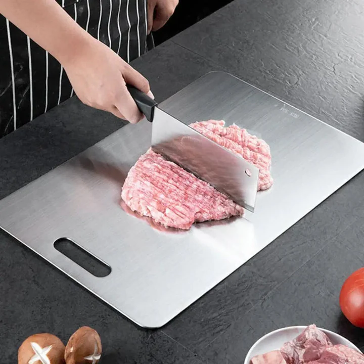 Strong titanium chopping board; durable, hygienic & portable. Perfect for all kitchen cutting tasks & meal prep.