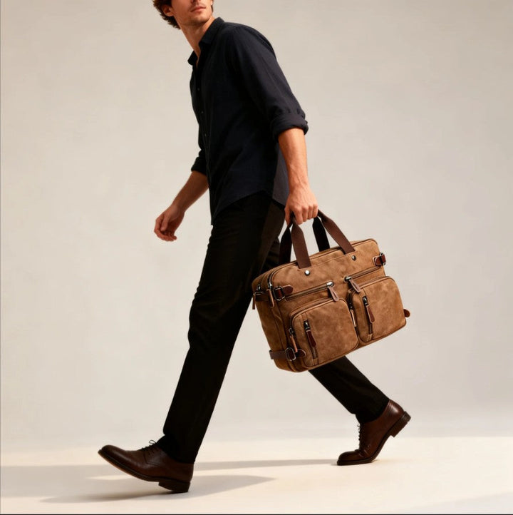 Spacious canvas laptop briefcase; durable business travel bag for files & essentials.