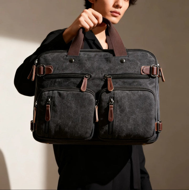 Detail of durable canvas fabric on a stylish unisex business briefcase. Ideal for work.