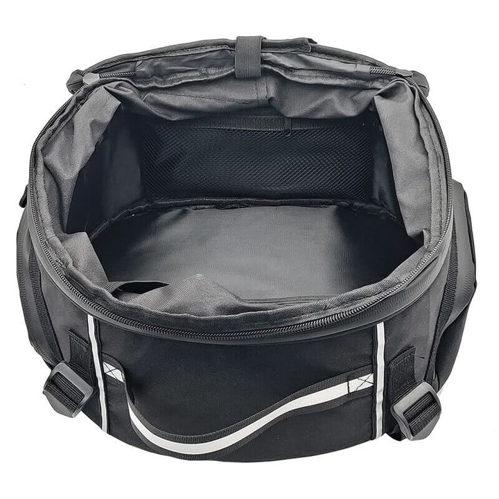 Close-up of the water-resistant fabric on a durable motorcycle gear duffel bag, protecting riding essentials.