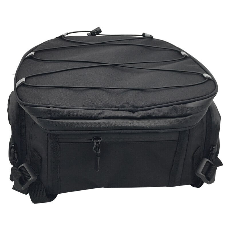 Unisex motorcycle gear bag open, revealing multiple organized compartments for helmet, boots, and riding gear.