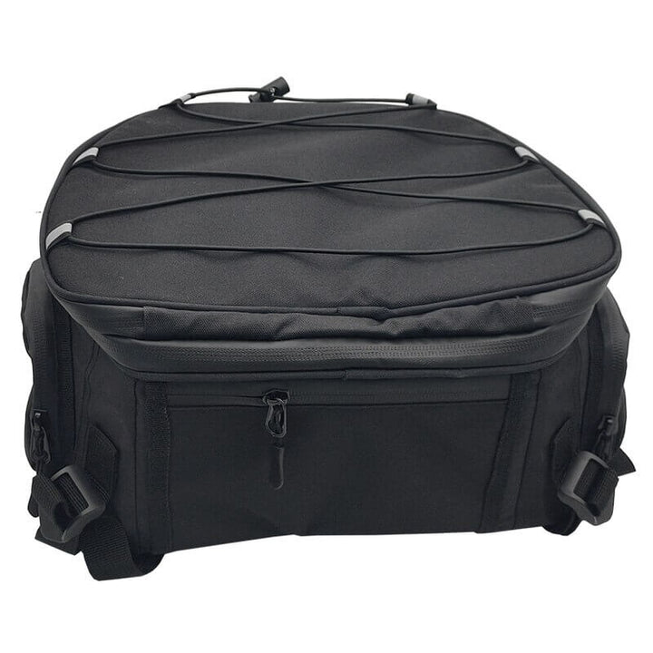 Unisex motorcycle gear bag open, revealing multiple organized compartments for helmet, boots, and riding gear.