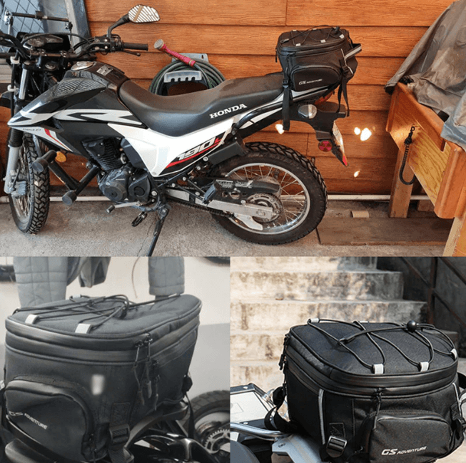 Side view of a durable unisex motorcycle gear duffel bag, showcasing robust zippers & extra pockets for storage.