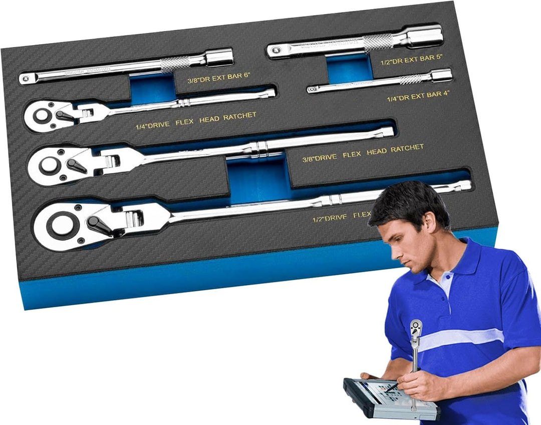 Durotorq flexible head ratchet wrench set with quick release, chrome finish, for mechanics tools