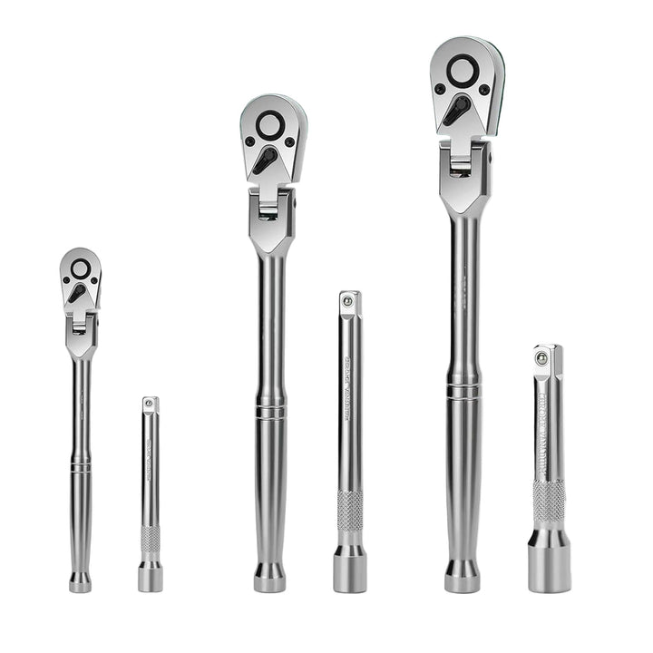 Close-up of Durotorq flexible head ratchet wrench, chrome finish, quick release mechanism