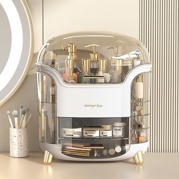 Dustproof makeup organizer for cosmetics. Clear, waterproof beauty storage case with elegant design.