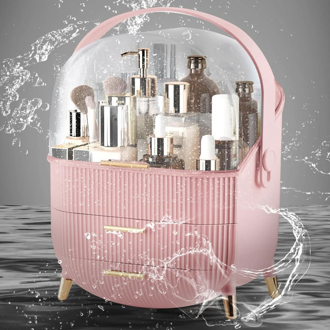 Dustproof makeup box with waterproof design. Transparent beauty organizer for skincare and cosmetics.