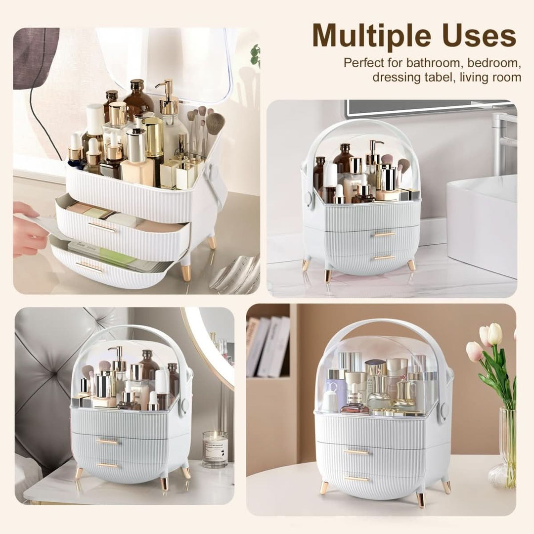 Stylish dustproof makeup organizer. Transparent cosmetic storage box for modern beauty display.