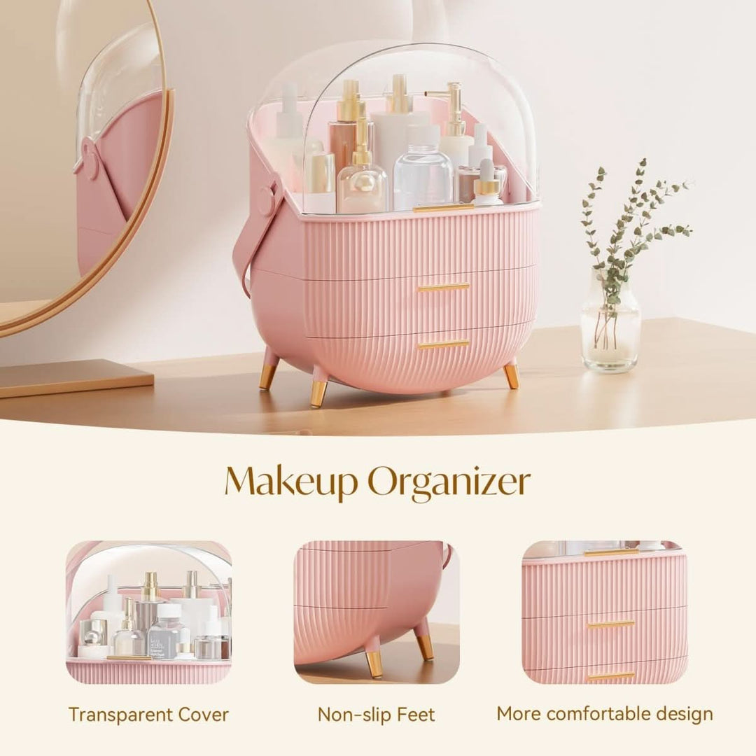 Waterproof dustproof makeup storage. Clear elegant organizer for cosmetics, jewelry, and brushes.