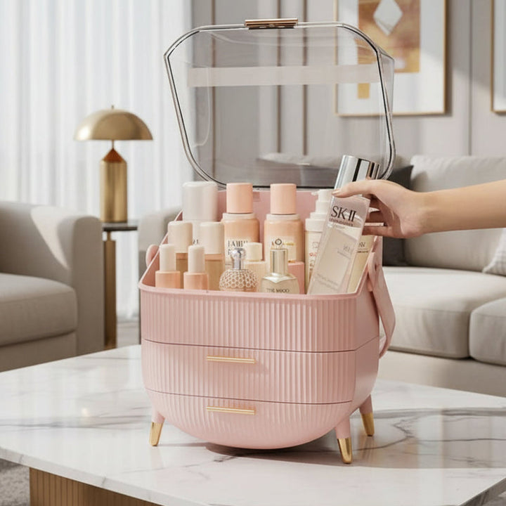 Acrylic dustproof cosmetic organizer. Clear waterproof makeup box for bathroom or bedroom vanity.