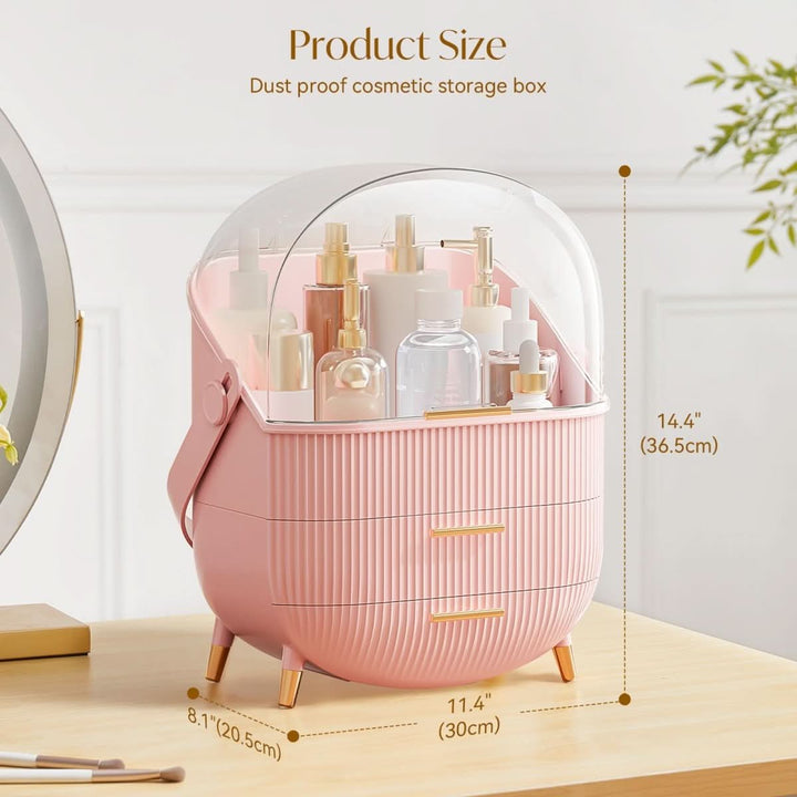 Desktop dustproof makeup organizer. Clear beauty storage case with elegant design for cosmetics.